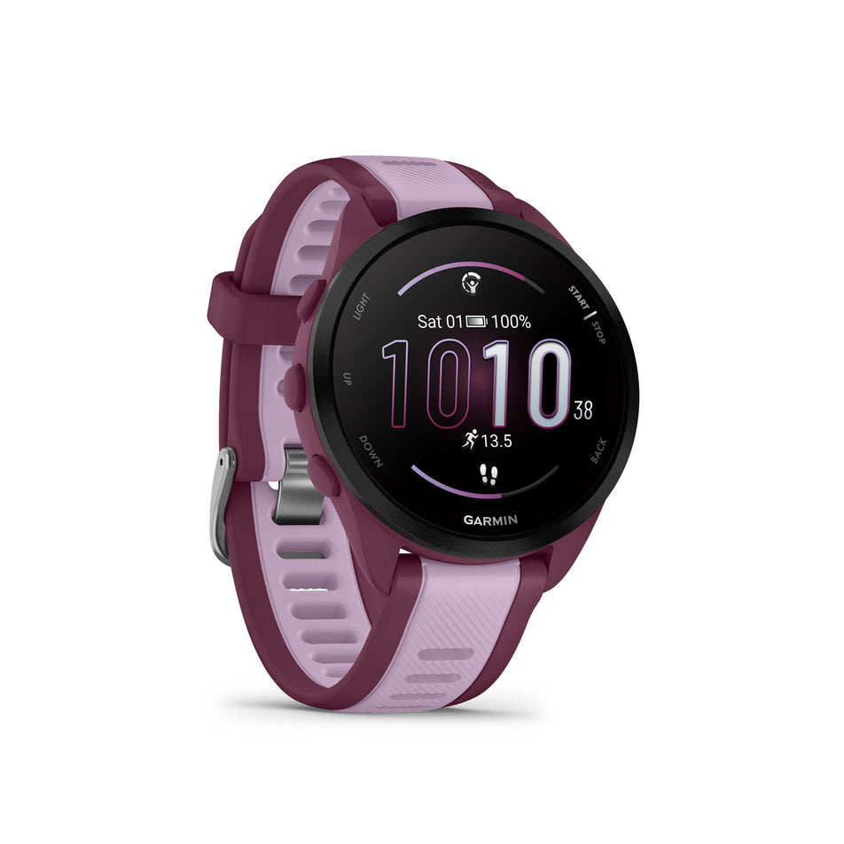 Front view of a Garmin Forerunner 165 Music Running Smartwatch in the Berry/Lilac colourway (8186727694498)
