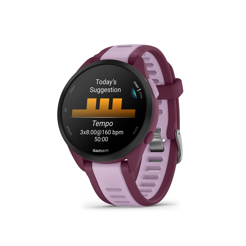 Front view of a Garmin Forerunner 165 Music Running Smartwatch in the Berry/Lilac colourway (8186727694498)