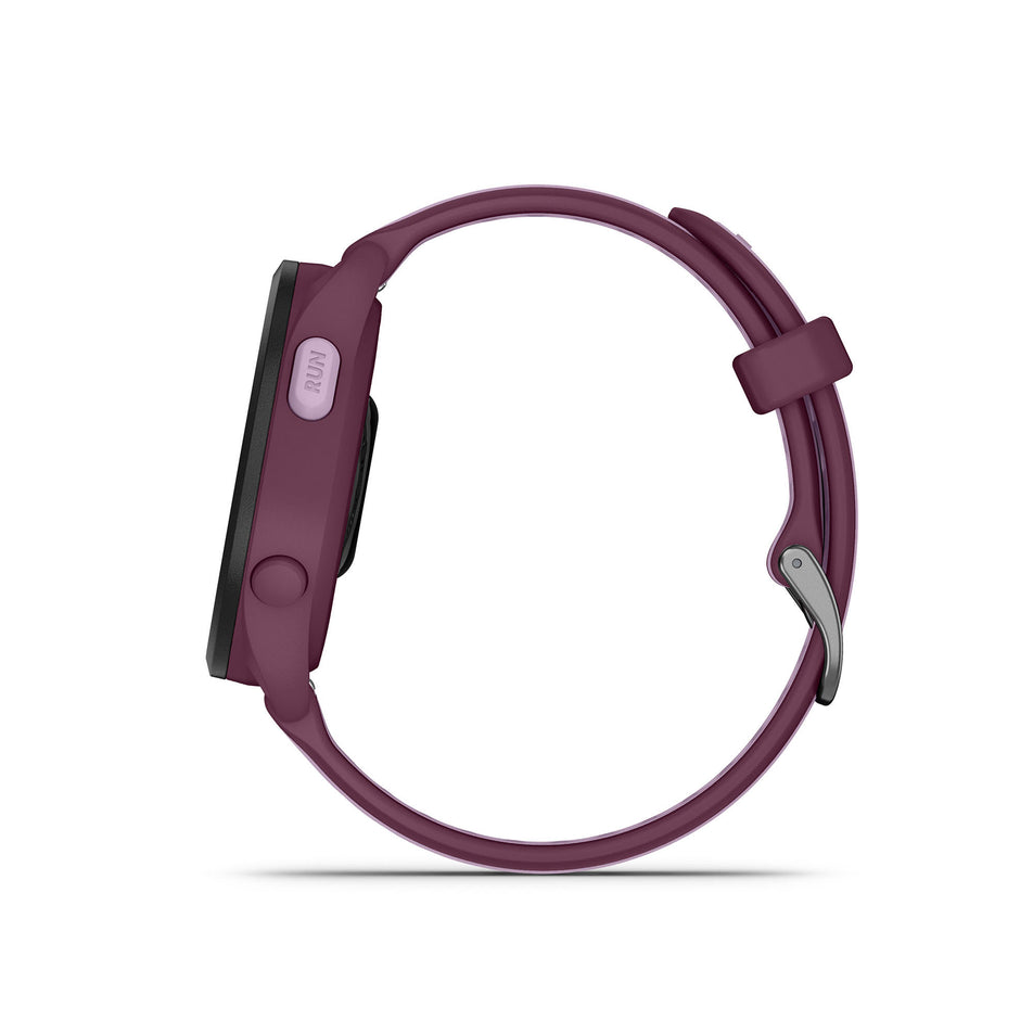 Side view of a Garmin Forerunner 165 Music Running Smartwatch in the Berry/Lilac colourway (8186727694498)