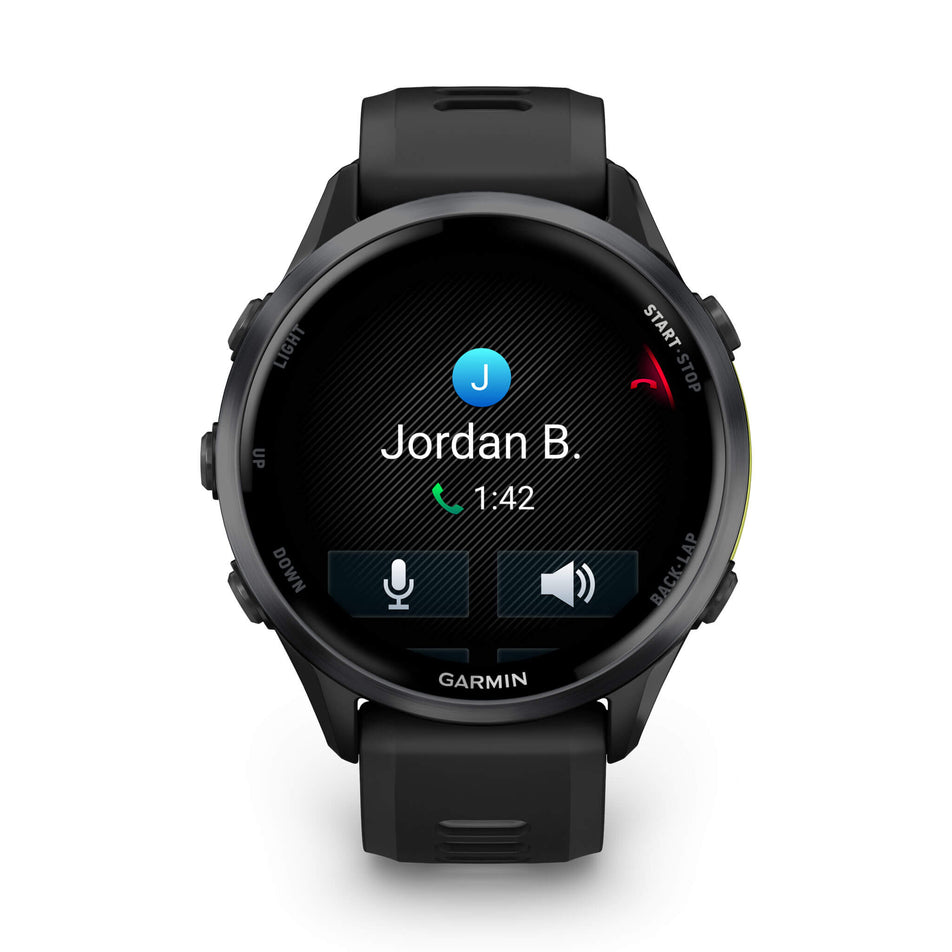 A Garmin Forerunner 970. Carbon Grey DLC Titanium with Black Case and Black/Translucent Whitestone Band. Phone call screen. (8692398031010)