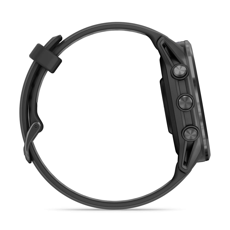 A Garmin Forerunner 970. Carbon Grey DLC Titanium with Black Case and Black/Translucent Whitestone Band. Side of watch. (8692398031010)