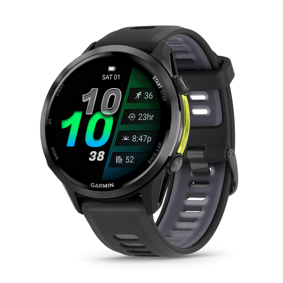A Garmin Forerunner 970. Carbon Grey DLC Titanium with Black Case and Black/Translucent Whitestone Band. Main screen. (8692398031010)