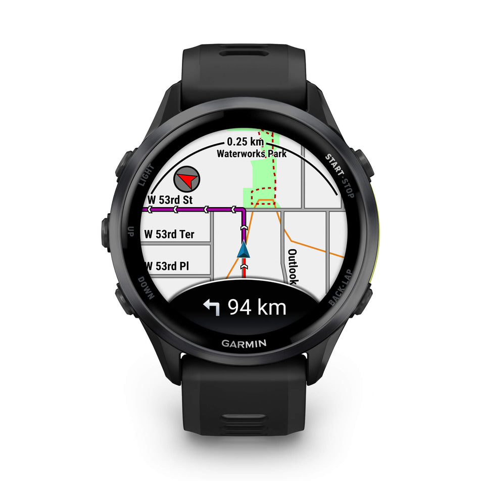 A Garmin Forerunner 970. Carbon Grey DLC Titanium with Black Case and Black/Translucent Whitestone Band. Map screen. (8692398031010)