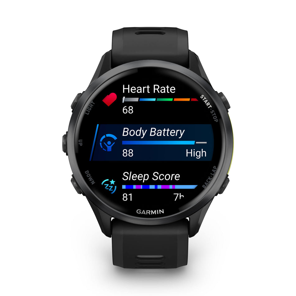 A Garmin Forerunner 970. Carbon Grey DLC Titanium with Black Case and Black/Translucent Whitestone Band. Metrics/stats screen. (8692398031010)