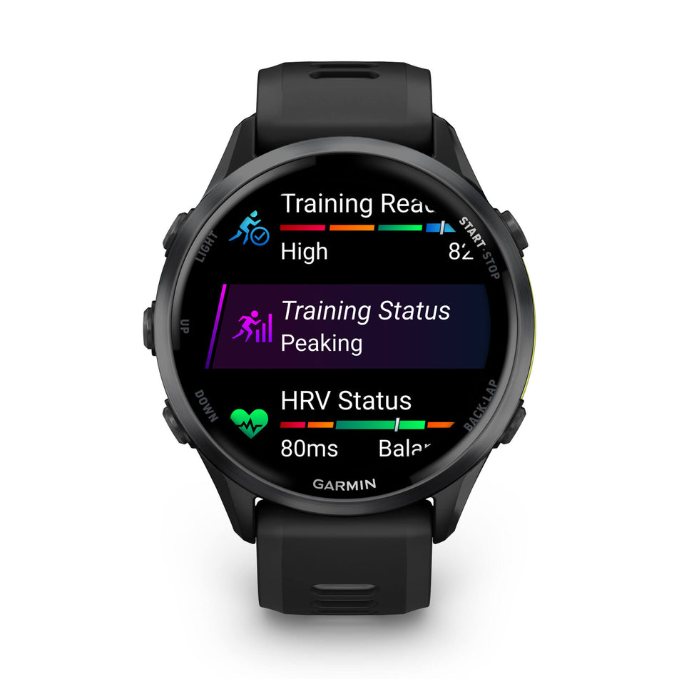 A Garmin Forerunner 970. Carbon Grey DLC Titanium with Black Case and Black/Translucent Whitestone Band. Metrics/stats screen. (8692398031010)