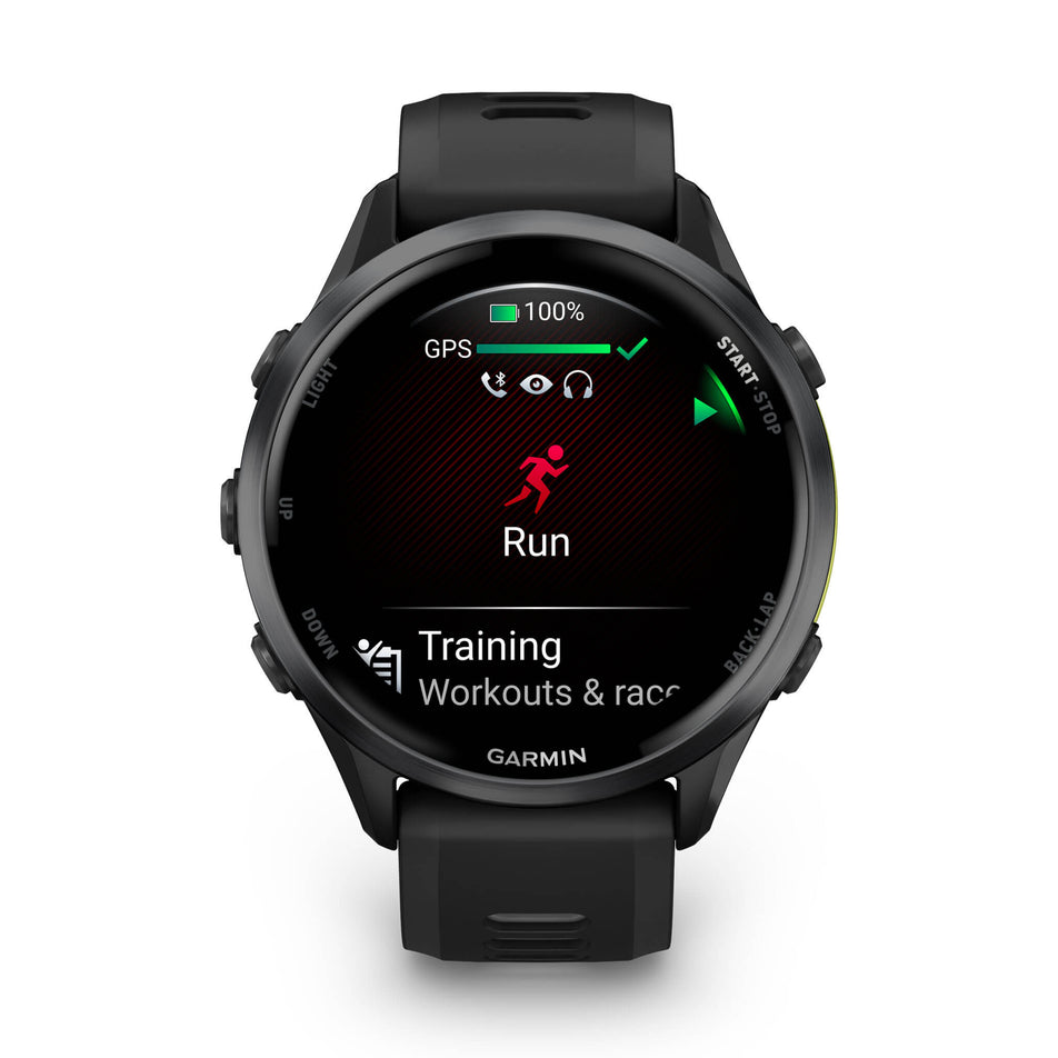 A Garmin Forerunner 970. Carbon Grey DLC Titanium with Black Case and Black/Translucent Whitestone Band. Run start screen. (8692398031010)