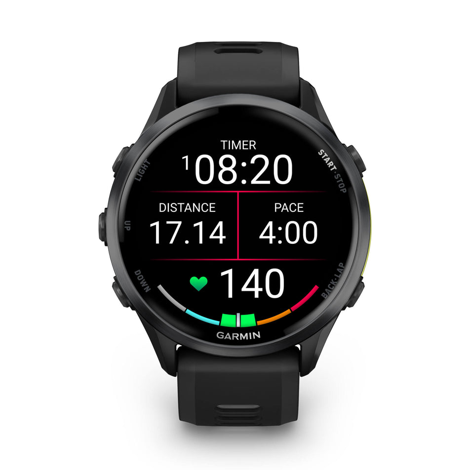 A Garmin Forerunner 970. Carbon Grey DLC Titanium with Black Case and Black/Translucent Whitestone Band. Mid-activity stats screen.(8692398031010)