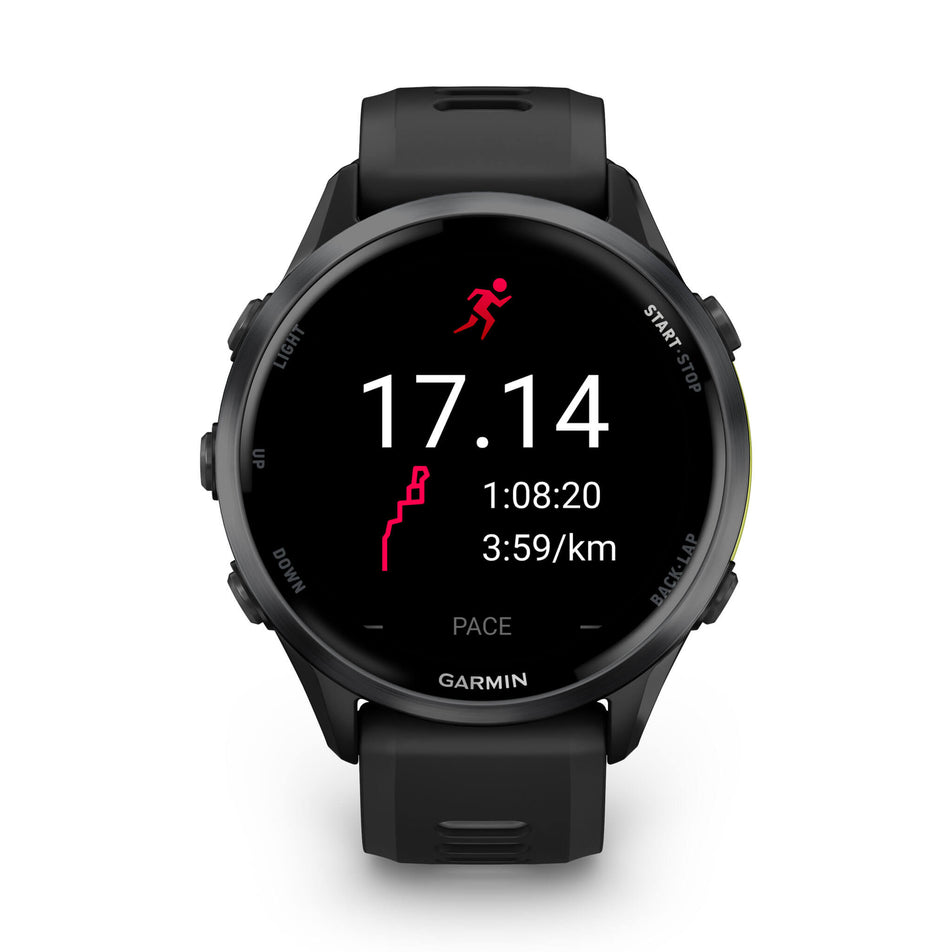 A Garmin Forerunner 970. Carbon Grey DLC Titanium with Black Case and Black/Translucent Whitestone Band. Post-run stats screen. (8692398031010)
