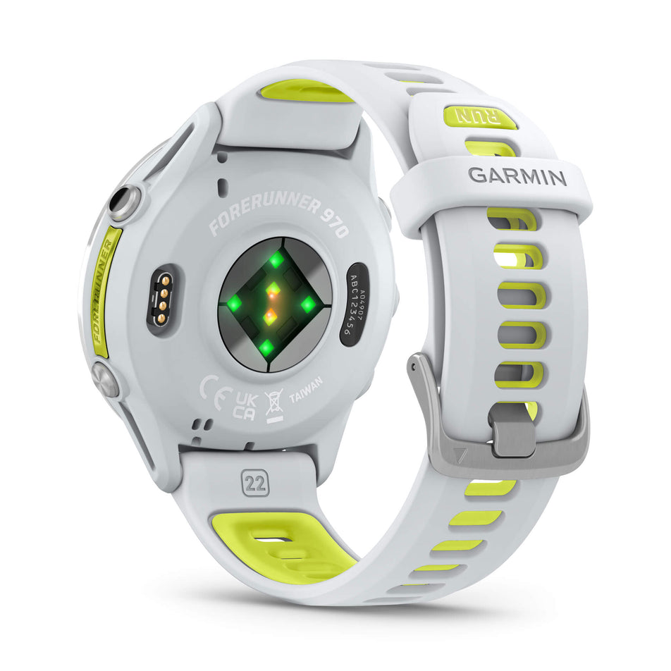 A Garmin Forerunner 970. Titanium with Whitestone Case and Whitestone/Translucent Amp Yellow Band. Back of watch and wrist-based heart rate monitor. (8692400586914)