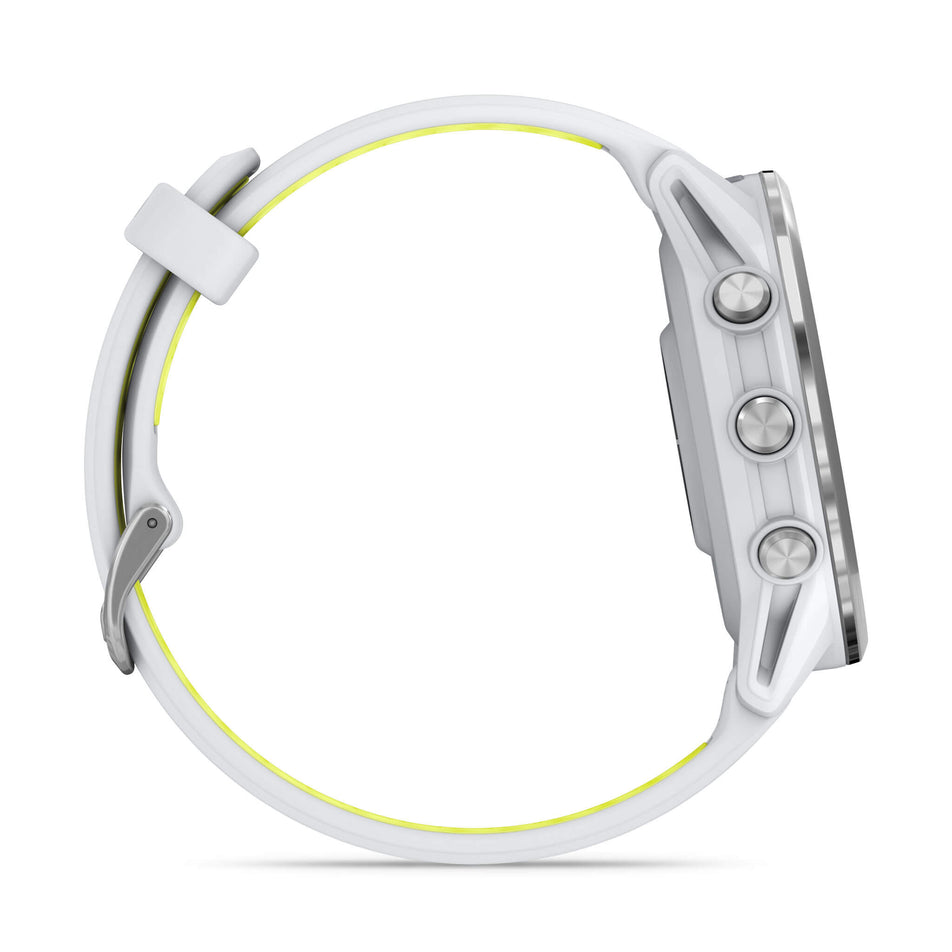 A Garmin Forerunner 970. Titanium with Whitestone Case and Whitestone/Translucent Amp Yellow Band. Side of watch. (8692400586914)