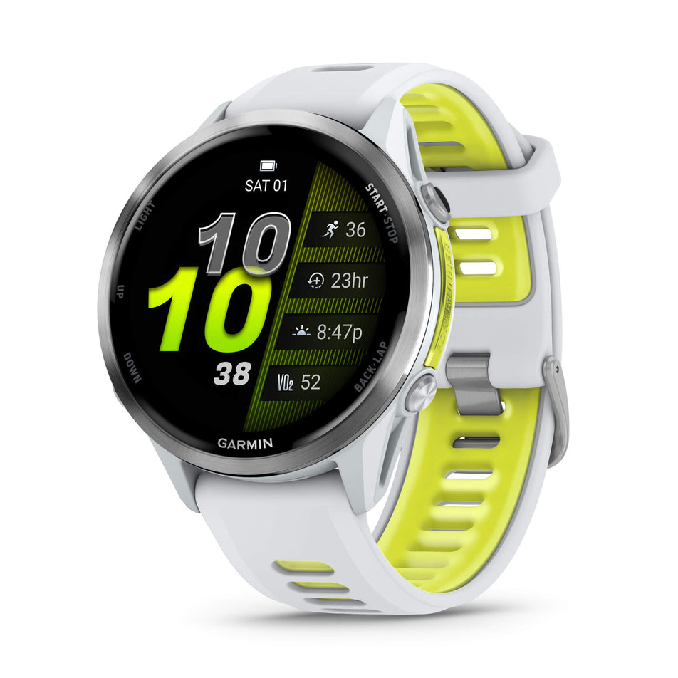A Garmin Forerunner 970. Titanium with Whitestone Case and Whitestone/Translucent Amp Yellow Band. Main screen. (8692400586914)
