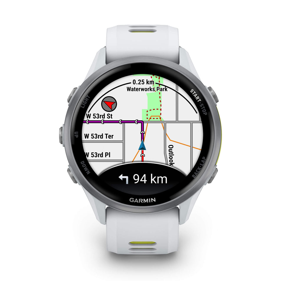 A Garmin Forerunner 970. Titanium with Whitestone Case and Whitestone/Translucent Amp Yellow Band. Map screen. (8692400586914)