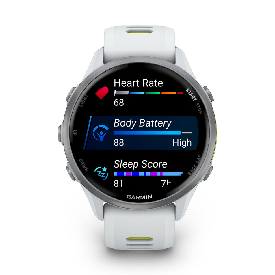 A Garmin Forerunner 970. Titanium with Whitestone Case and Whitestone/Translucent Amp Yellow Band. Metrics/stats screen.(8692400586914)