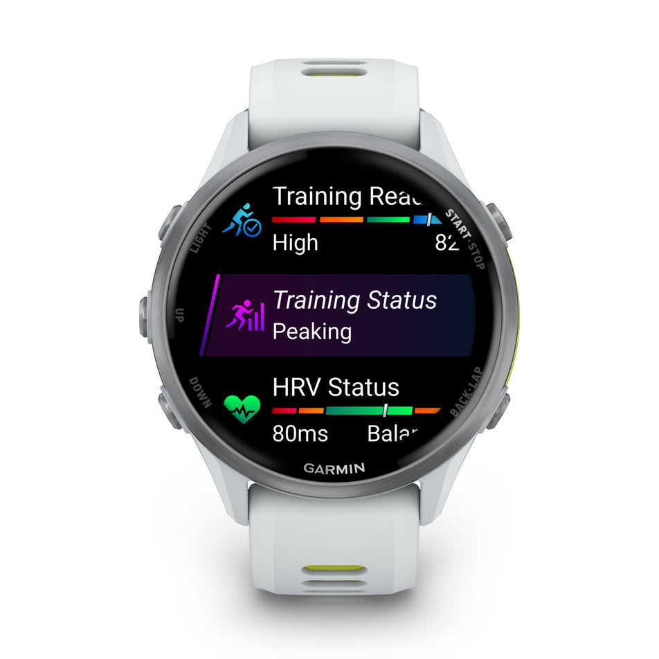 A Garmin Forerunner 970. Titanium with Whitestone Case and Whitestone/Translucent Amp Yellow Band. Metrics/stats screen.(8692400586914)