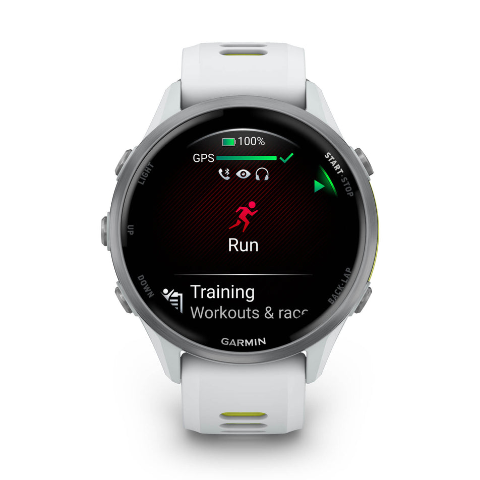 A Garmin Forerunner 970. Titanium with Whitestone Case and Whitestone/Translucent Amp Yellow Band. Run start screen.(8692400586914)