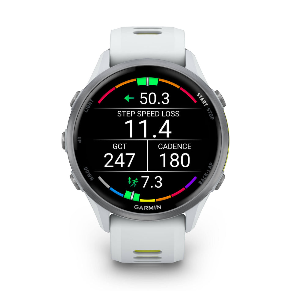 A Garmin Forerunner 970. Titanium with Whitestone Case and Whitestone/Translucent Amp Yellow Band. Running dynamics screen. (8692400586914)