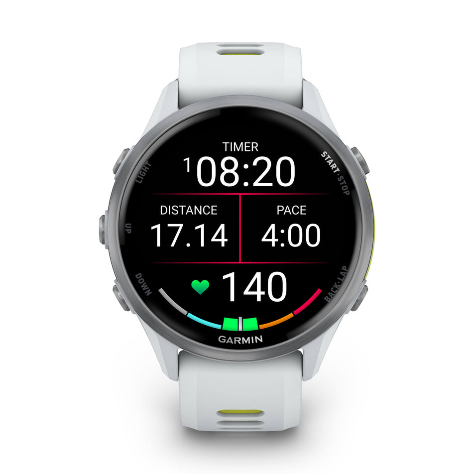 A Garmin Forerunner 970. Titanium with Whitestone Case and Whitestone/Translucent Amp Yellow Band. Mid-activity stats screen. (8692400586914)