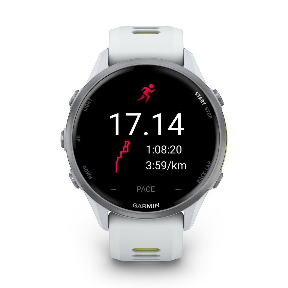 A Garmin Forerunner 970. Titanium with Whitestone Case and Whitestone/Translucent Amp Yellow Band. Post-run stats screen. (8692400586914)
