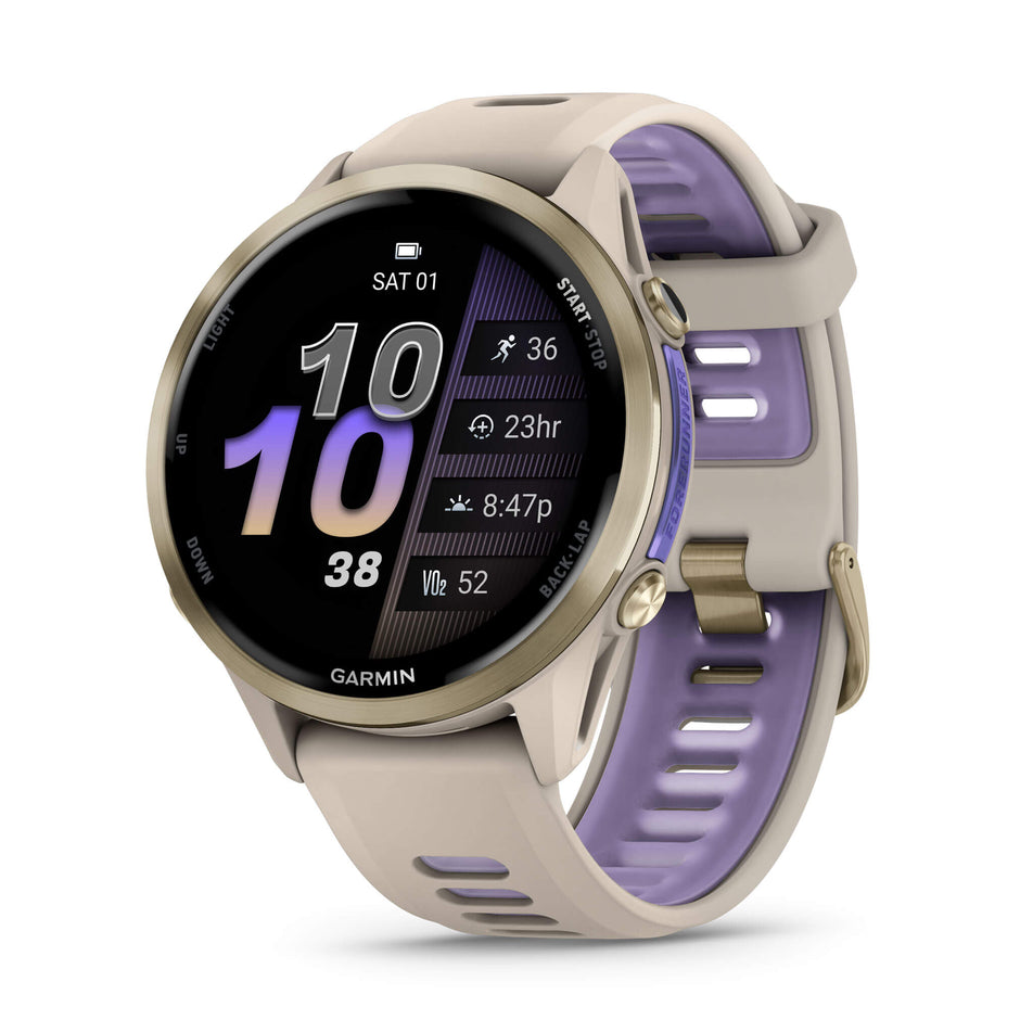 A Garmin Forerunner 970. Soft Gold Titanium with French Grey Case and French Grey/Translucent Indigo Band. Main screen. (8692403962018)