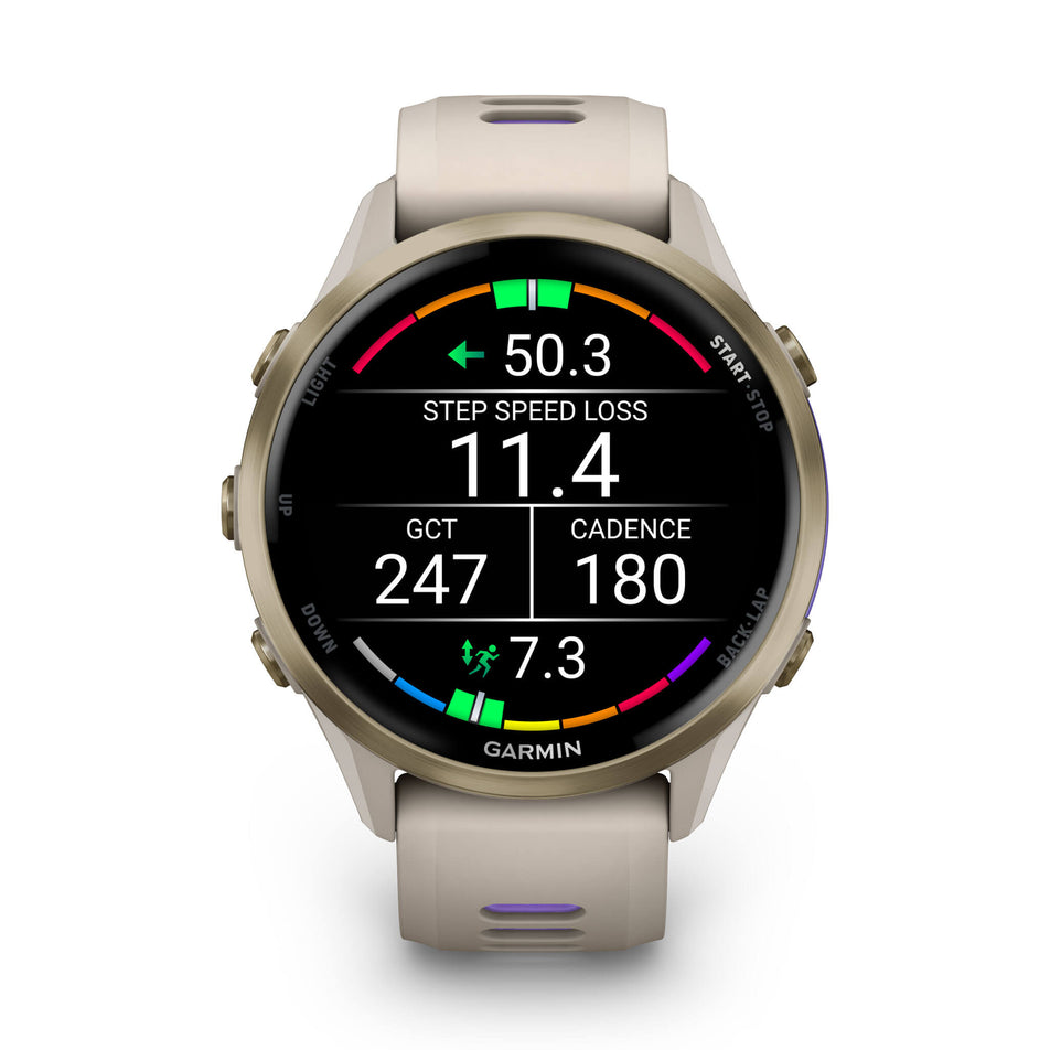 A Garmin Forerunner 970. Soft Gold Titanium with French Grey Case and French Grey/Translucent Indigo Band. Running dynamics screen.(8692403962018)