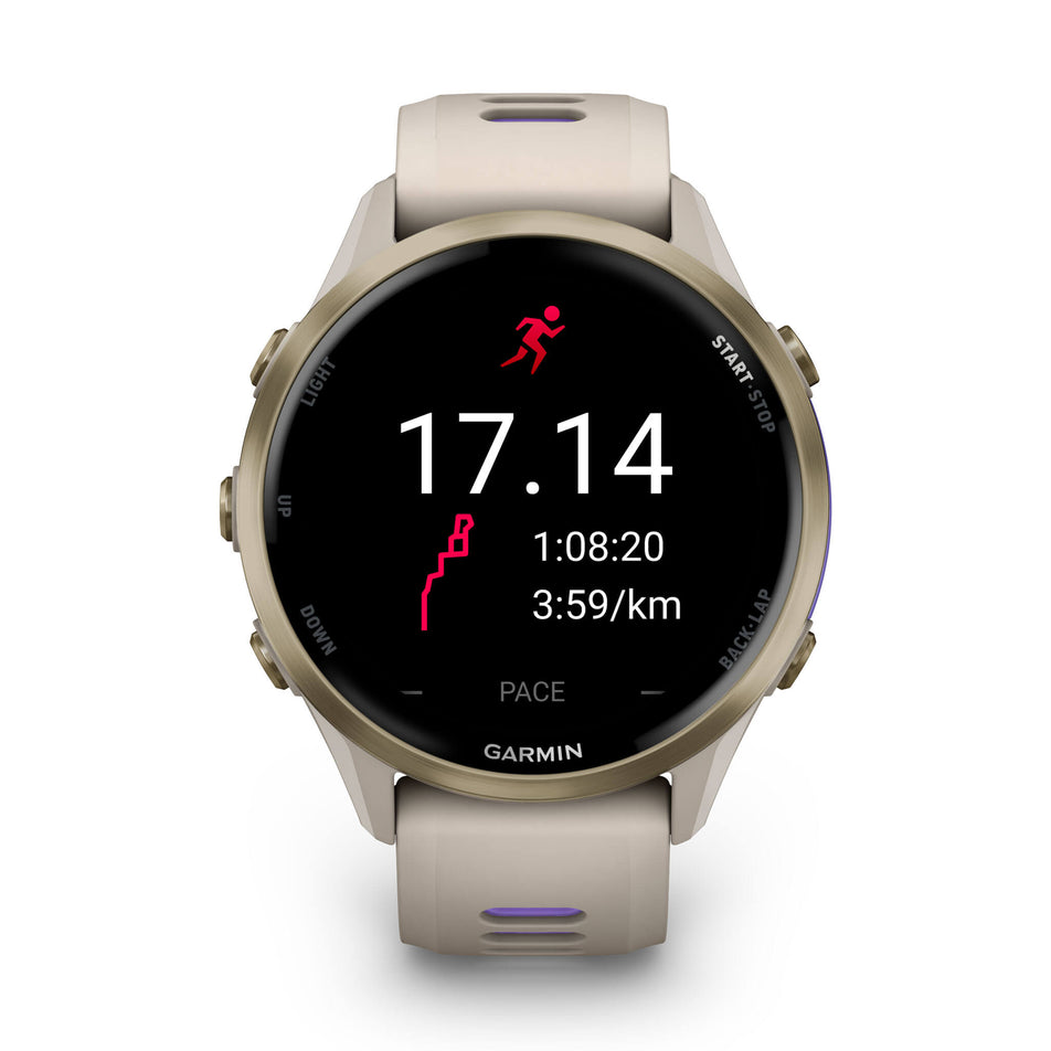 A Garmin Forerunner 970. Soft Gold Titanium with French Grey Case and French Grey/Translucent Indigo Band. Post-run stats screen. (8692403962018)