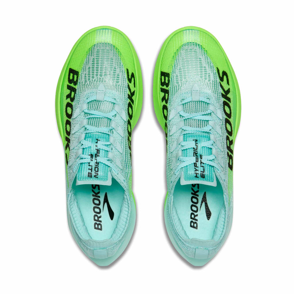 The uppers of a pair of Brooks Unisex Hyperion Elite 5 Running Shoes in the Limpet/Black/Green Gecko colourway.