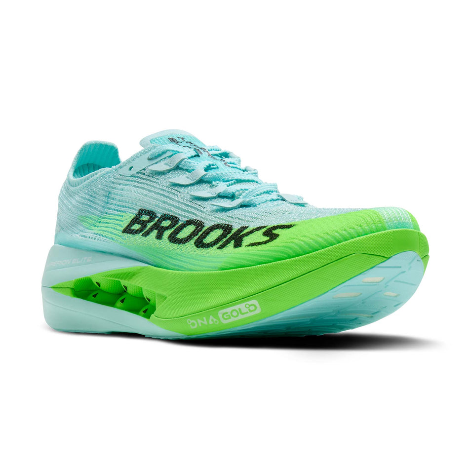 Lateral view of the right shoe from a pair of Brooks Unisex Hyperion Elite 5 Running Shoes in the Limpet/Black/Green Gecko colourway.