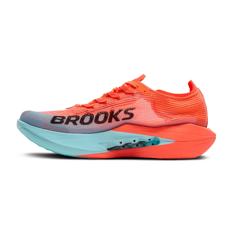 Medial view of the right shoe from a pair of Brooks Unisex Hyperion Elite 5 Running Shoes in the Pink Clay/Atomizer Blue colourway. (8721881006242)