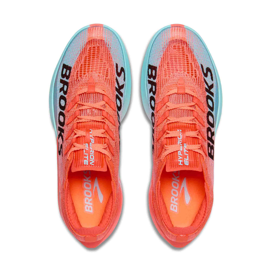 The uppers of a pair of Brooks Unisex Hyperion Elite 5 Running Shoes in the Pink Clay/Atomizer Blue colourway. (8721881006242)