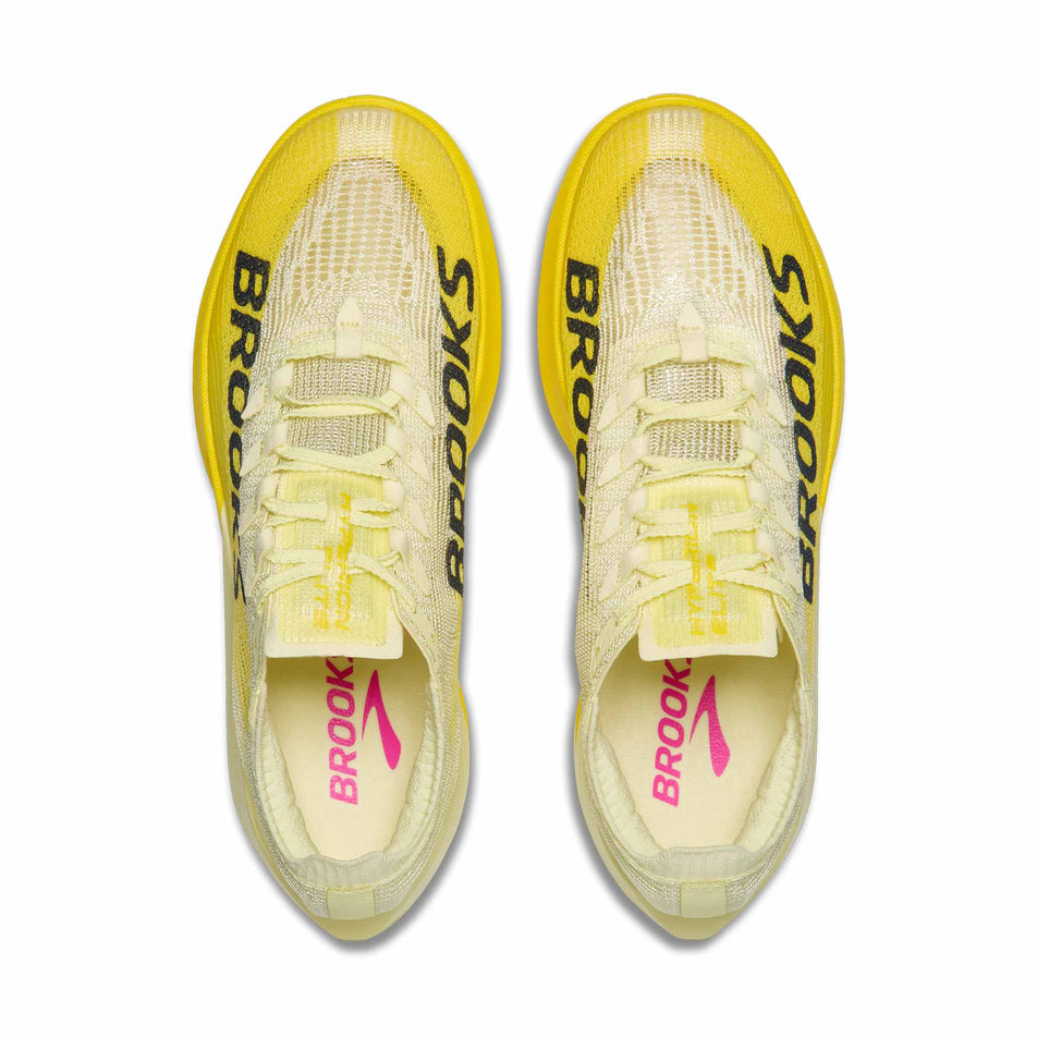 The uppers of a pair of Brooks Unisex Hyperion Elite 5 Running Shoes in the Luminary/Yellow/Gray colourway.
