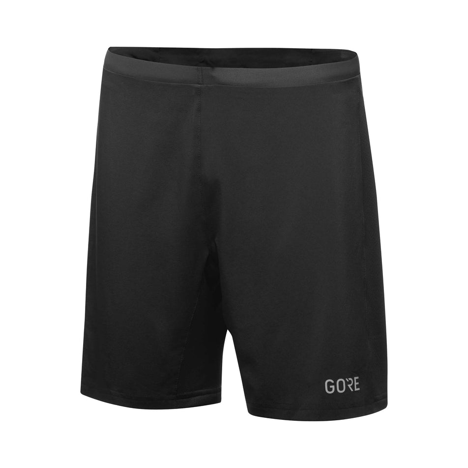 Angled front view of a pair of GOREWEAR Men's R5 2in1 Shorts in the Black colourway (7518254071970)