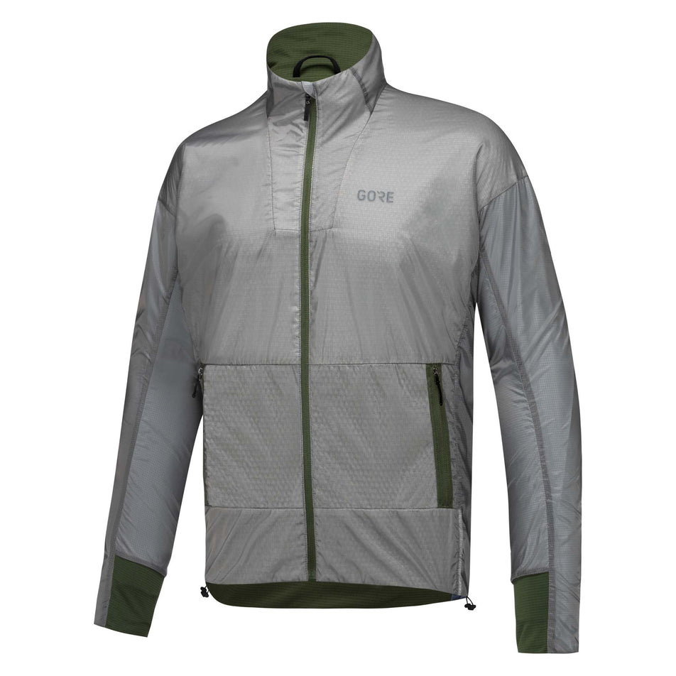 Angled front view of a GOREWEAR Men's Drive Jacket in the Lab Gray/Utility Green colourway (8031305760930)