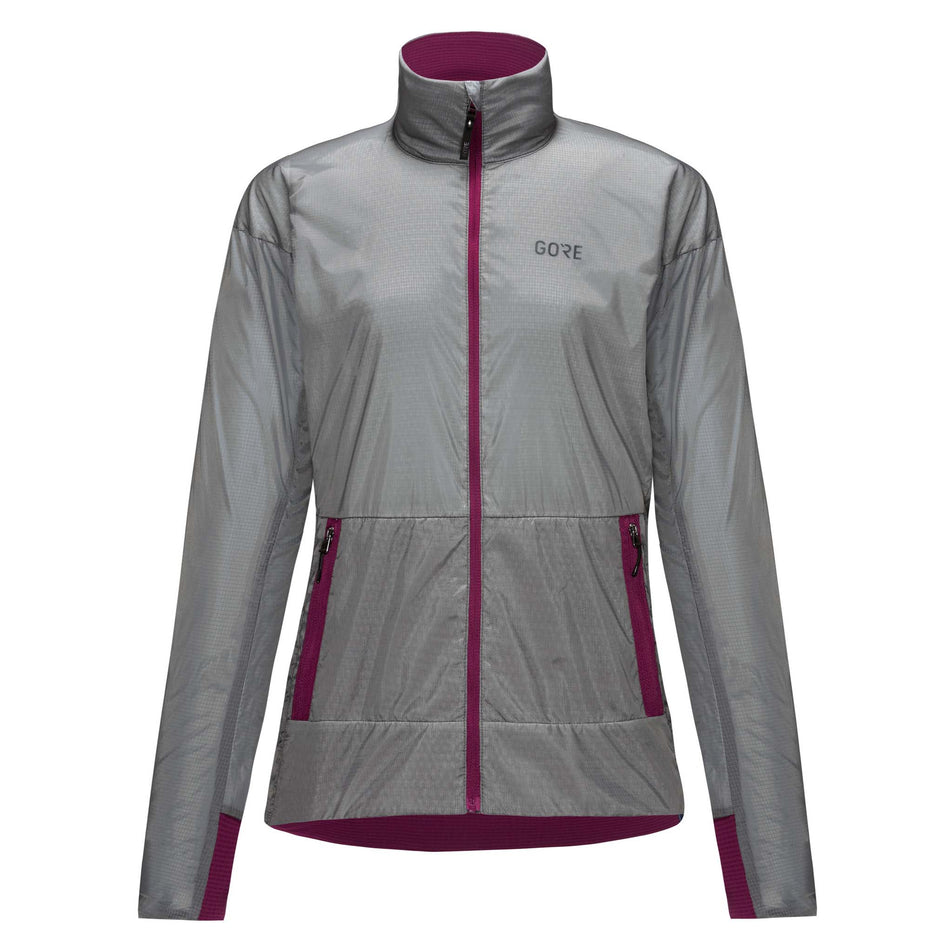 Front view of a GOREWEAR Women's Drive Jacket in the Lab Gray/Process Purple colourway (8031312019618)