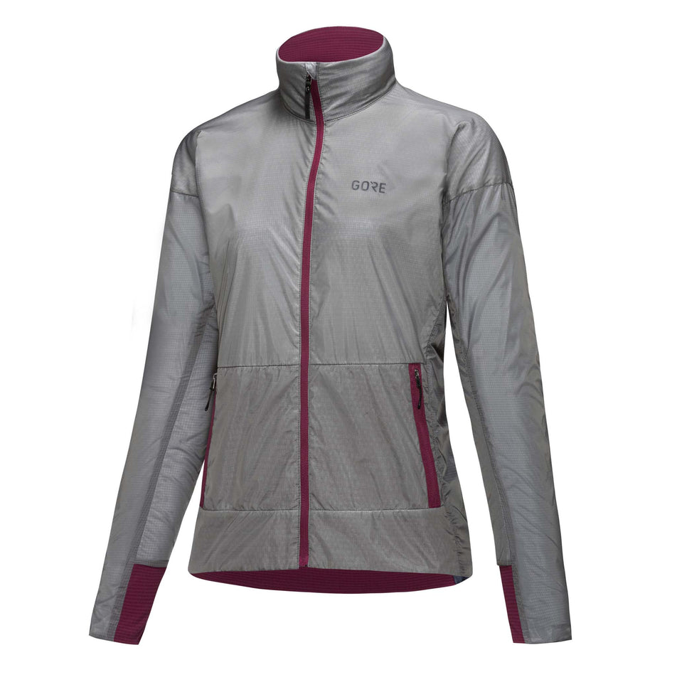 Angled front view of a GOREWEAR Women's Drive Jacket in the Lab Gray/Process Purple colourway (8031312019618)