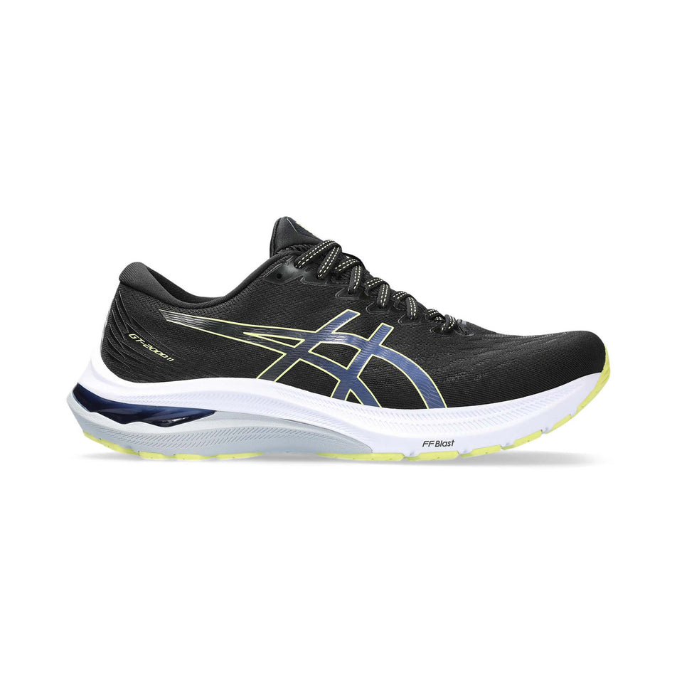 Lateral side of the right shoe from a pair of Asics Men's GT-2000 11 Running Shoes in the Black/Glow Yellow colourway  (7942254198946)