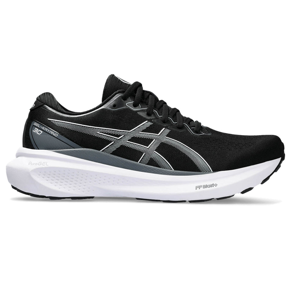 Lateral side of the right shoe from a pair of Asics Men's Gel-Kayano 30 Running Shoes in the Black/Sheet Rock colourway (8232967897250)