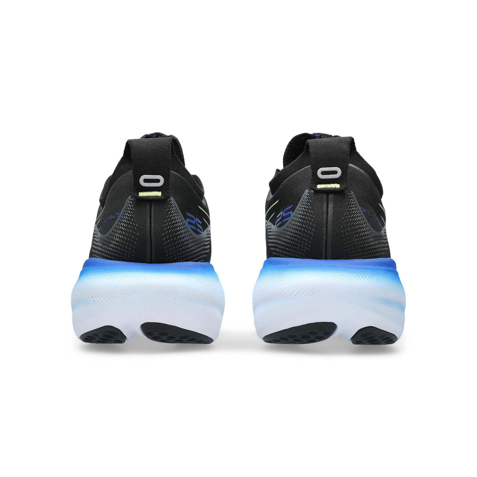 The back of a pair of Asics Men's Gel-Nimbus 25 Running Shoes in the Black/Glow Yellow colourway (7942256263330)