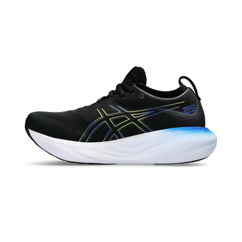 Medial side of the right shoe from a pair of Asics Men's Gel-Nimbus 25 Running Shoes in the Black/Glow Yellow colourway (7942256263330)