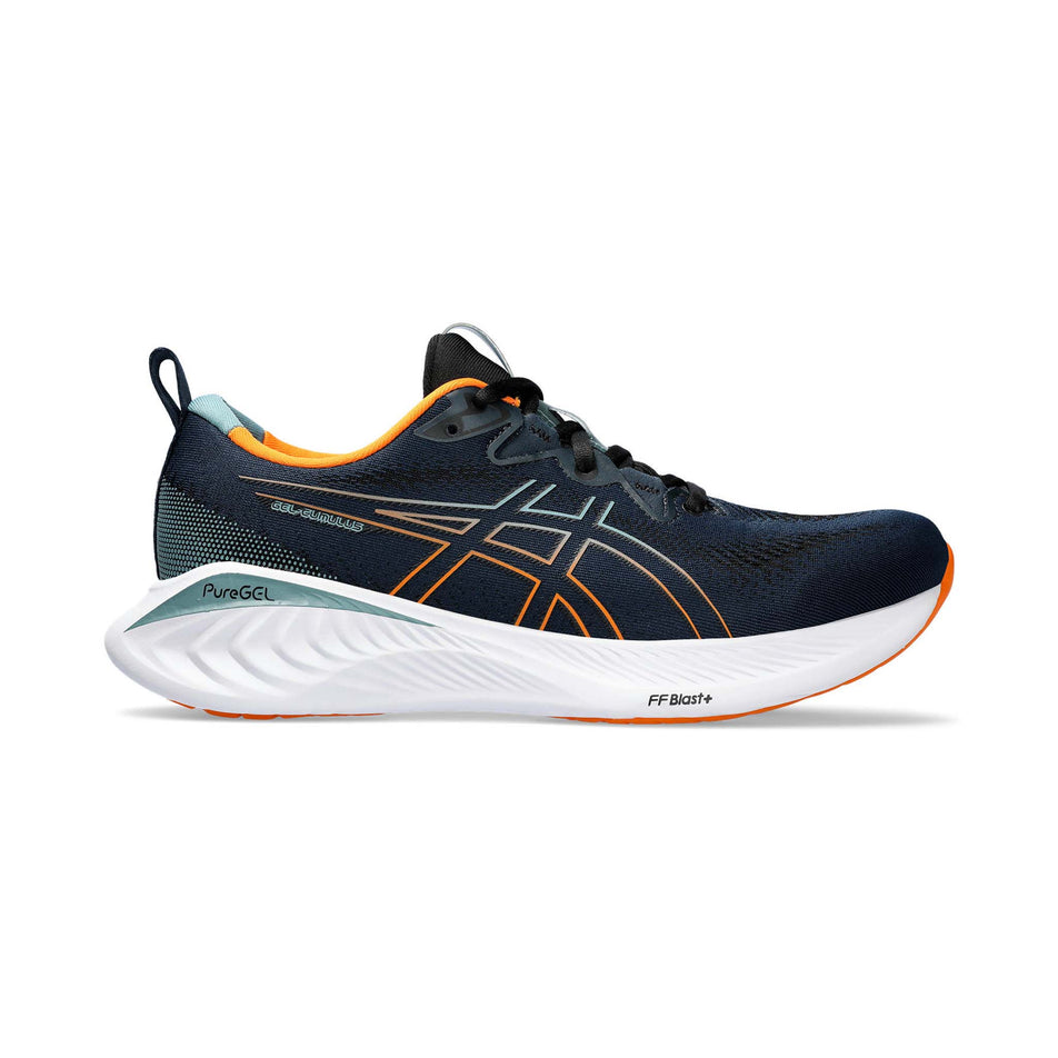 Lateral side of the right shoe from a pair of Asics Men's Gel-Cumulus 25 Running Shoes in the French Blue/Bright Orange colourway  (7942258557090)