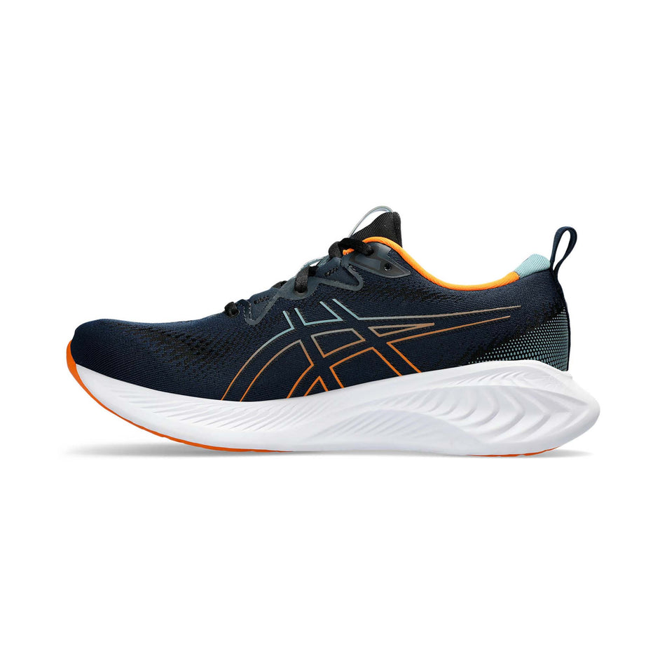 Medial side of the right shoe from a pair of Asics Men's Gel-Cumulus 25 Running Shoes in the French Blue/Bright Orange colourway  (7942258557090)