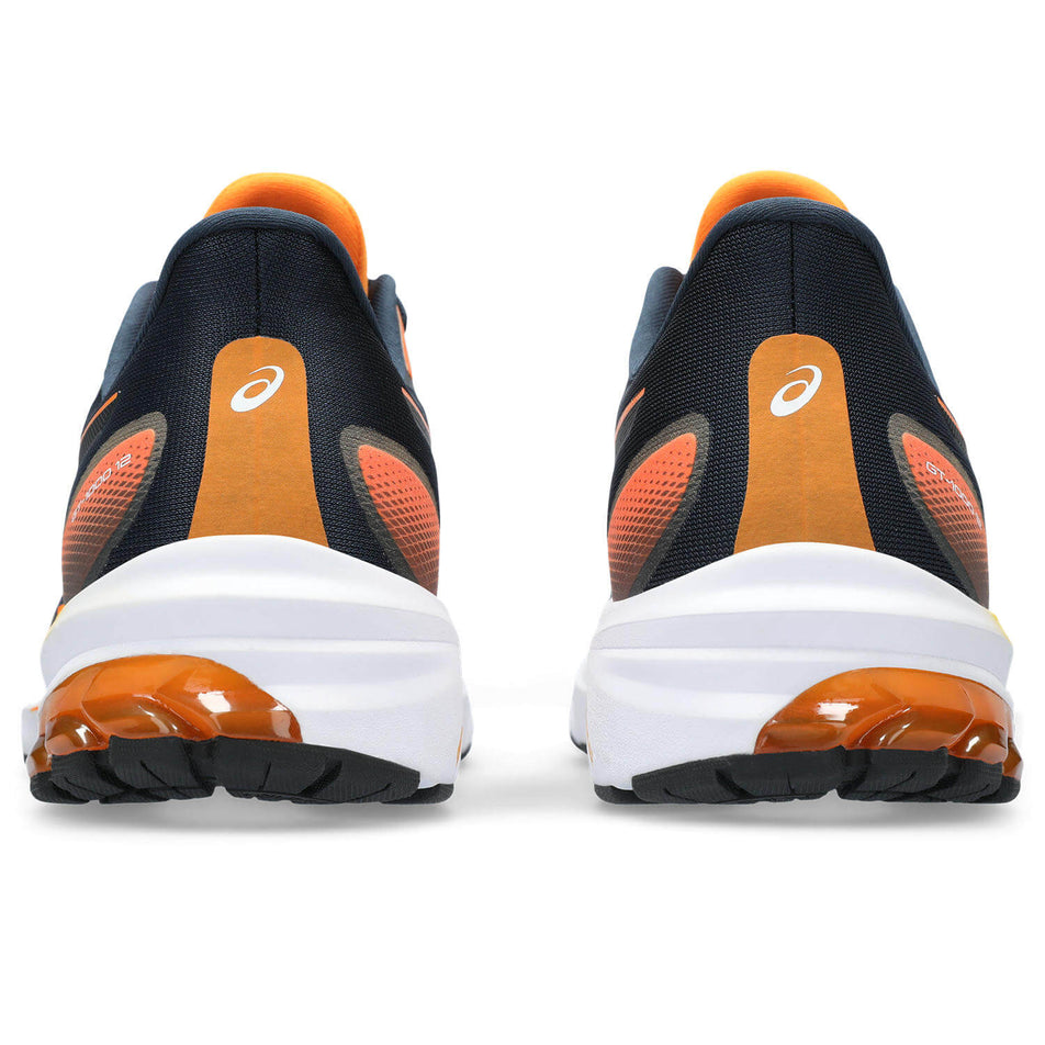 The back of a pair of Asics Men's GT-1000 12 Running Shoes in the French Blue/Bright Orange colourway (8232976416930)