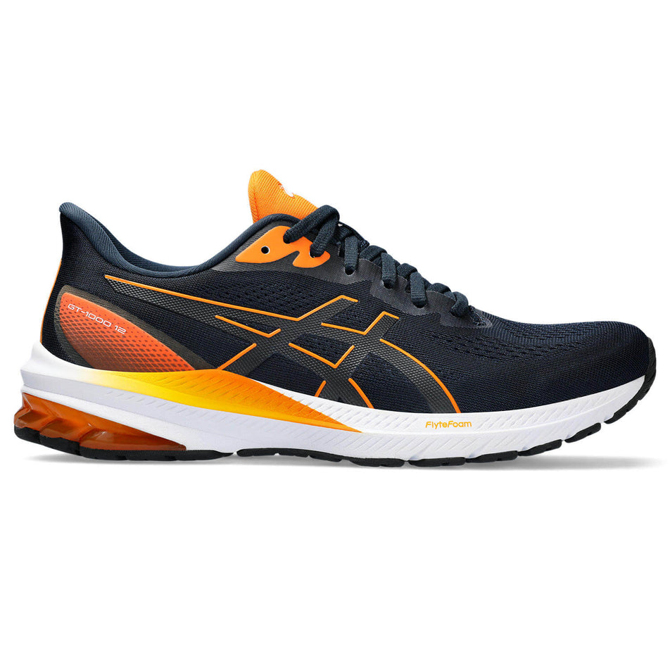 Lateral side of the right shoe from a pair of Asics Men's GT-1000 12 Running Shoes in the French Blue/Bright Orange colourway (8232976416930)