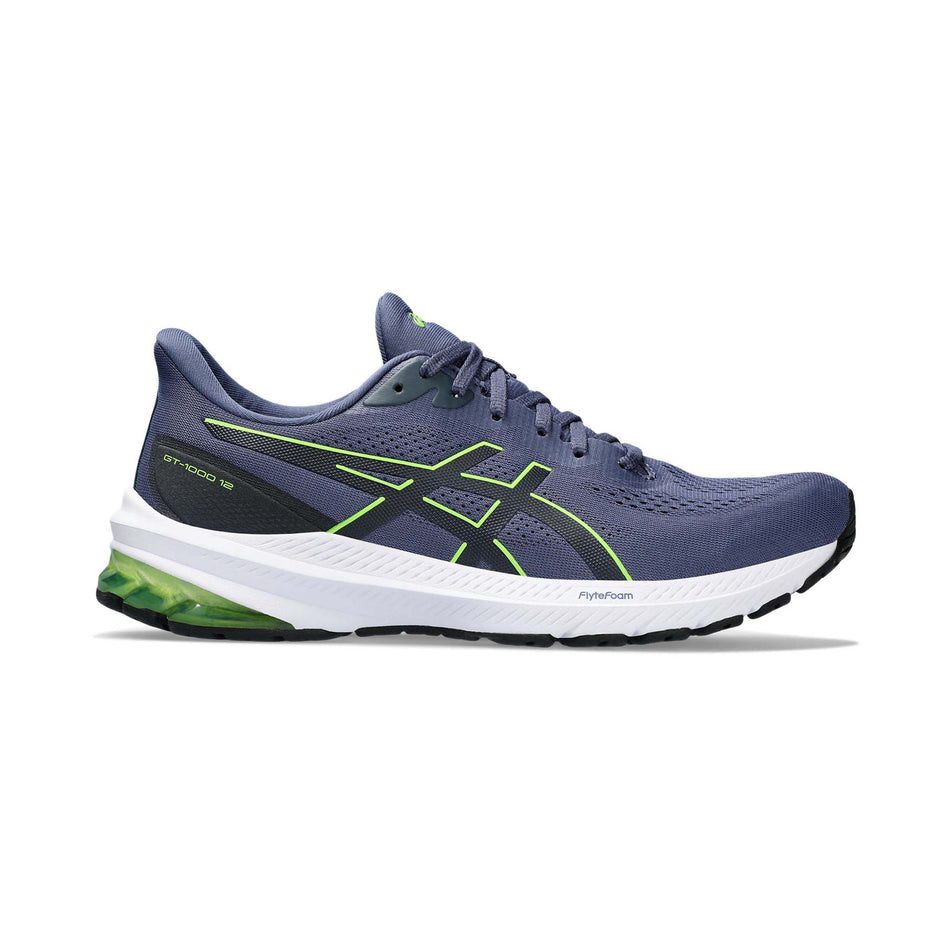 Lateral side of the right shoe from a pair of Asics Men's GT-1000 12 Running Shoes in the Thunder Blue/Electric Lime colourway (8150401122466)