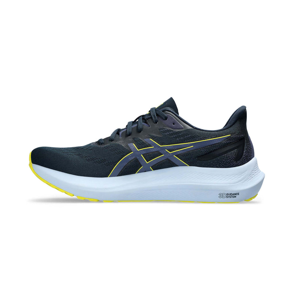 Medial side of the right shoe from a pair of Asics Men's GT-2000 12 Running Shoes in the French Blue/Bright Yellow colourway (8132708139170)
