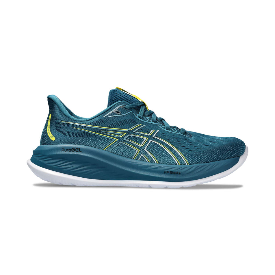 Lateral side of the right shoe from a pair of Asics Men's Gel-Cumulus 26 Running Shoes in the Evening Teal/Bright Yellow colourway (8191945179298)