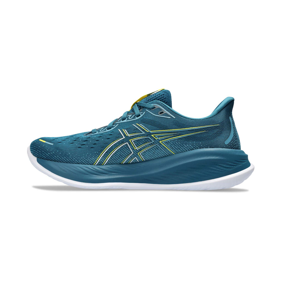 Medial side of the right shoe from a pair of Asics Men's Gel-Cumulus 26 Running Shoes in the Evening Teal/Bright Yellow colourway (8191945179298)