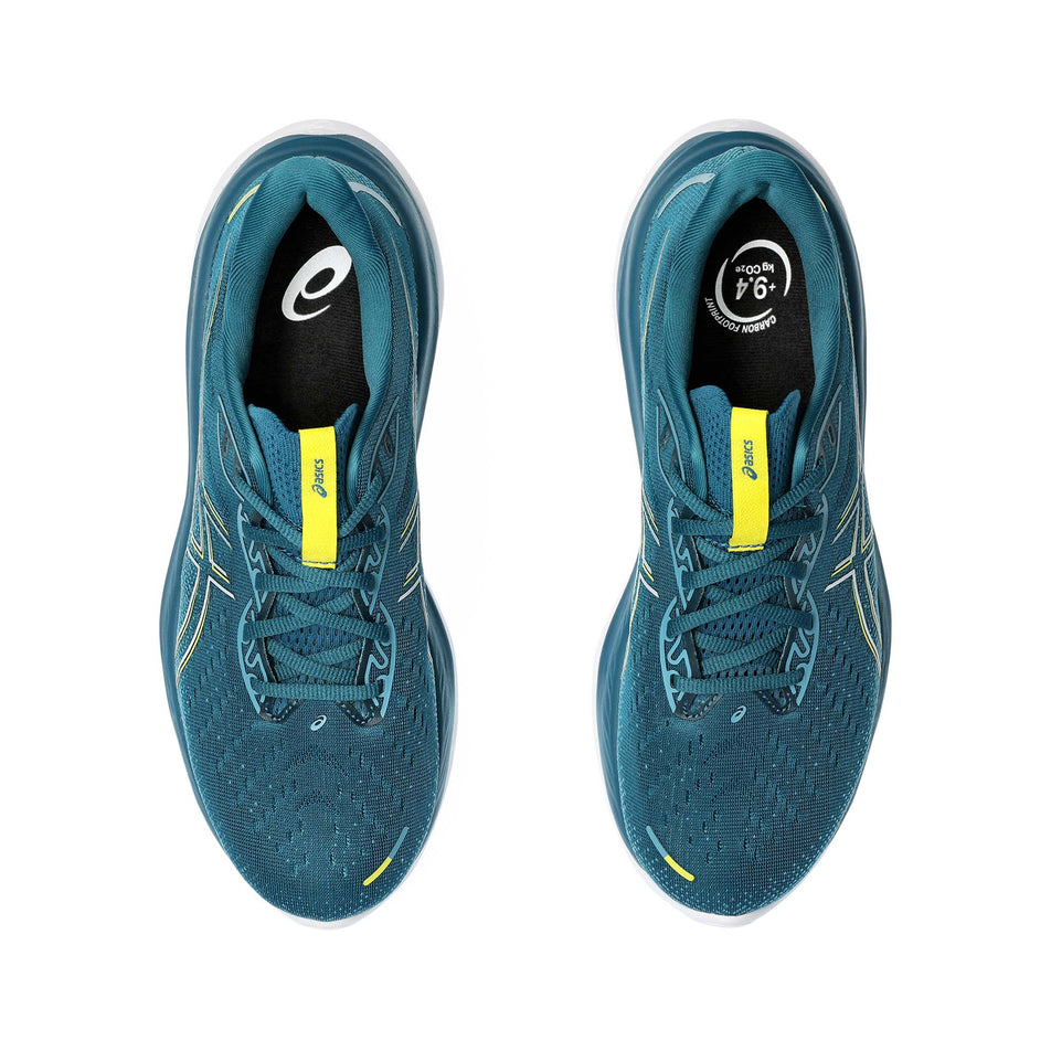 The uppers on a pair of Asics Men's Gel-Cumulus 26 Running Shoes in the Evening Teal/Bright Yellow colourway (8191945179298)