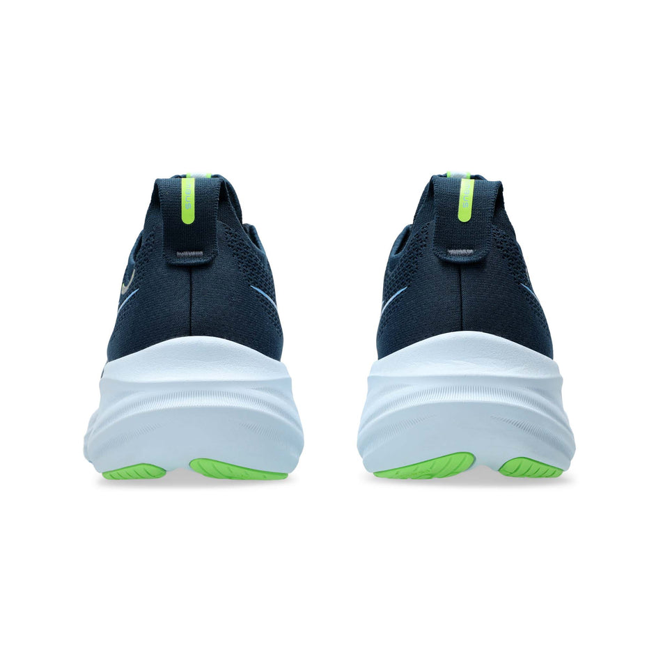 The back of a pair of Asics Men's Gel-Nimbus 26 Running Shoes in the French Blue/Electric Lime colourway (8150515155106)