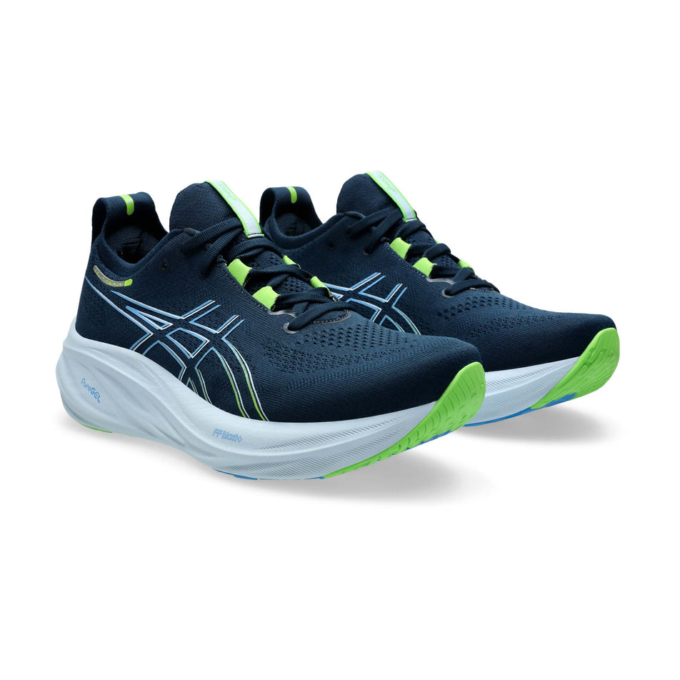 A pair of Asics Men's Gel-Nimbus 26 Running Shoes in the French Blue/Electric Lime colourway (8150515155106)