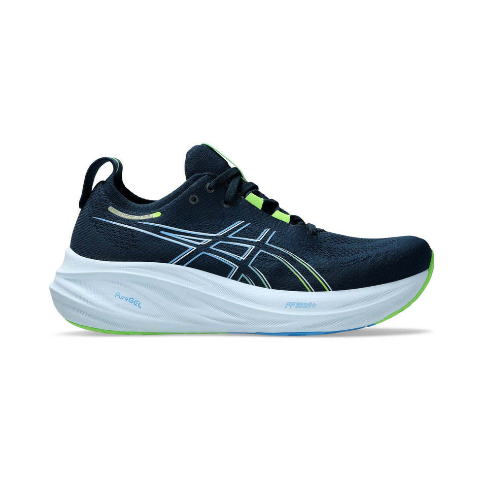 Lateral side of the right shoe from a pair of Asics Men's Gel-Nimbus 26 Running Shoes in the French Blue/Electric Lime colourway (8150515155106)